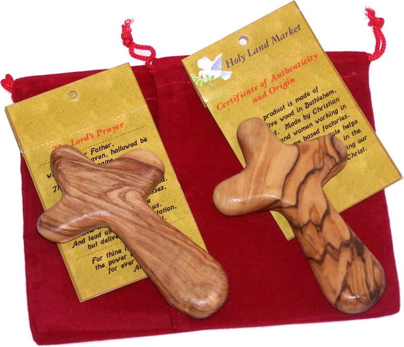 2 Olive Wood Caring / Holding Cross with Bag (Gift Kit)