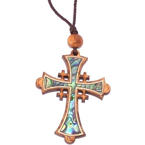 Cruz de Jerusalén de madera de olivo con madreperla (60cm / 23.5 pulgadas, la cruz mide 5cm o 2 pulgadas)
