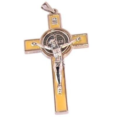 Suministros de Rosario - Cruces y Crucifijos de Metal Crucifijo de rosario de San Benito con esmalte amarillo - Extra Grande - tono de Estaño g.