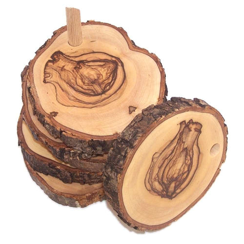Juego de 5 posavasos de madera de olivo tallados a mano más base - Conectados (aproximadamente 3.5 pulgadas cada uno) - Marca registrada Asfour Outlet