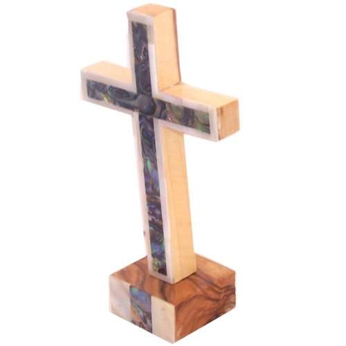 Olive Wood Table Cross 5.5 Inch, Full Mother of Pearl Cover, with Stand and Certificate