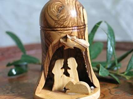 Campana navideña con Natividad en su interior - Adorno de campana de madera de olivo