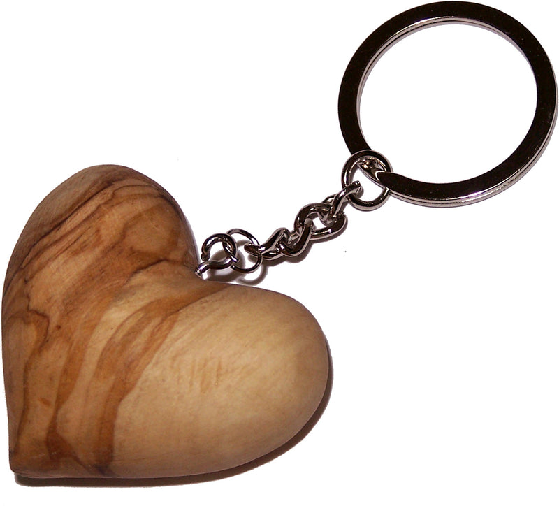 Heavy Jerusalem Olive Wood Carved Heart Key Chain or ring - 2 inches long and 1 inch thick