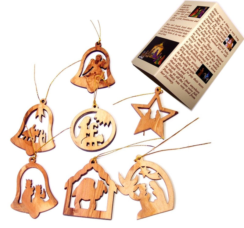 Holy Land Market Olive Wood Complete 7-Piece Christmas Ornament Set. Nativity Story