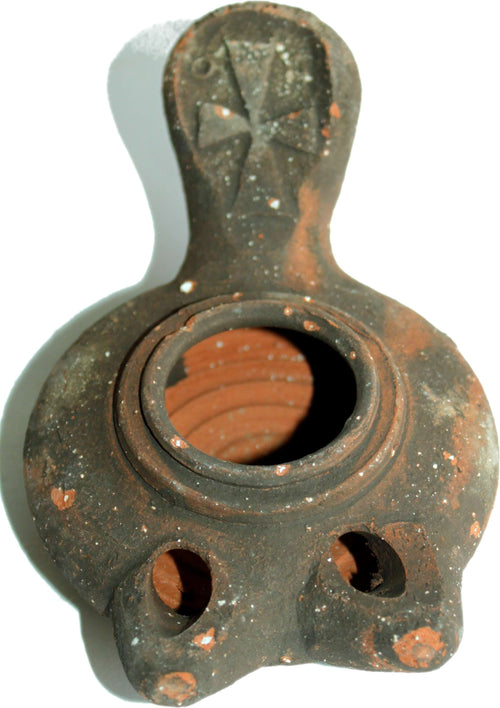 Antigua lámpara de aceite de arcilla de dos mechas estilo cruzado - lámpara de herencia antigua herodiana