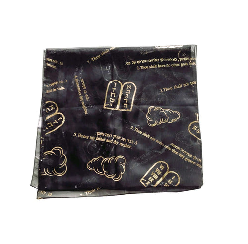 Black polyester prayer scarf with gold 10 Commandments print, folded #color_black