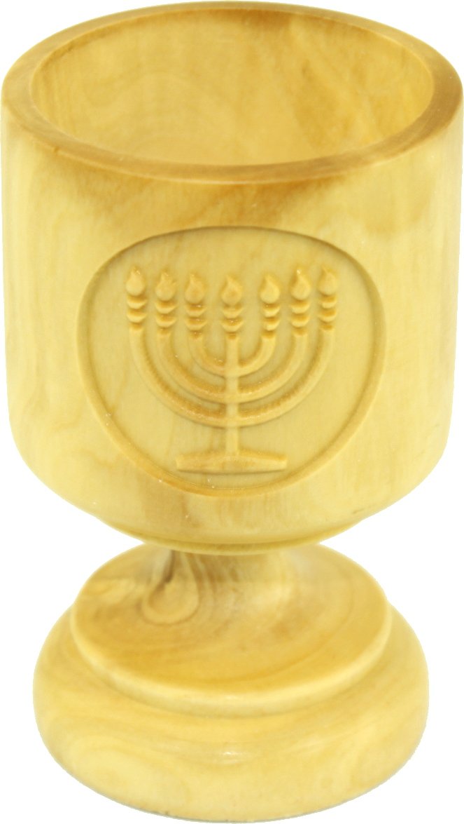 Olive wood wine cup carved with Menorah - (3 inches tall). Great details and work on each.