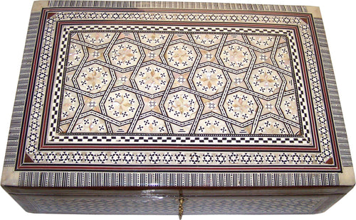 Caja decorativa del Mercado de Tierra Santa - Madera incrustada con madreperla - Grande - 14 x 10 x 4 pulgadas
