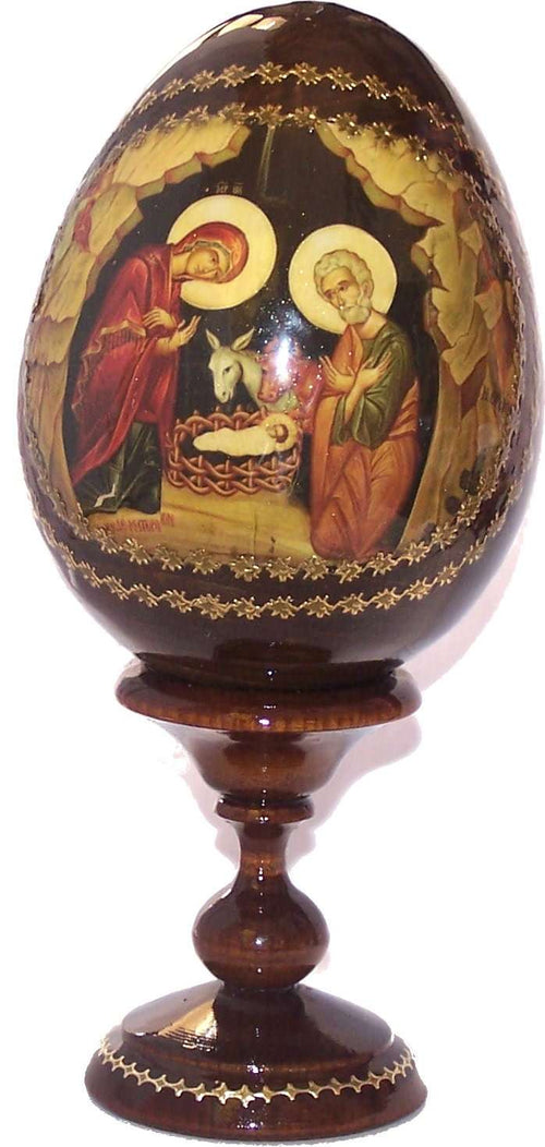 Nativity of our Lord Icon with sheets of Gold (Lithography) written on Egg - Made in Russia ( 7 Inches )