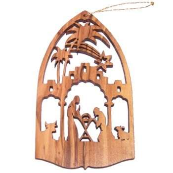 Adorno navideño de madera de olivo de Belén - Escultura láser (2.75 x 1.75 pulgadas)
