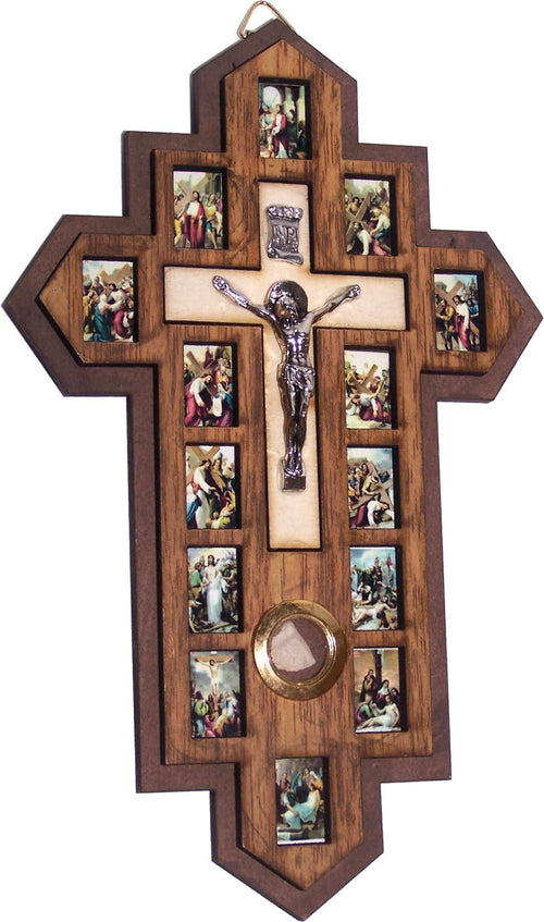 Tres capas con crucifijo de madera de olivo - ícono 14 Estaciones de la Cruz 7 x 4.5 a 5.5 pulgadas