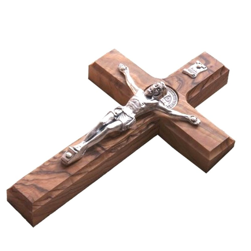 10" Wall Wood Cross St. Saint Benedict & Medal Holy Land Handmade Silver Plated Crucifix
