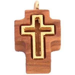 Cruz de madera de olivo con cruz incrustada chapada en oro - Latina (1.7 cm - 0.67") - 5 mm de grosor