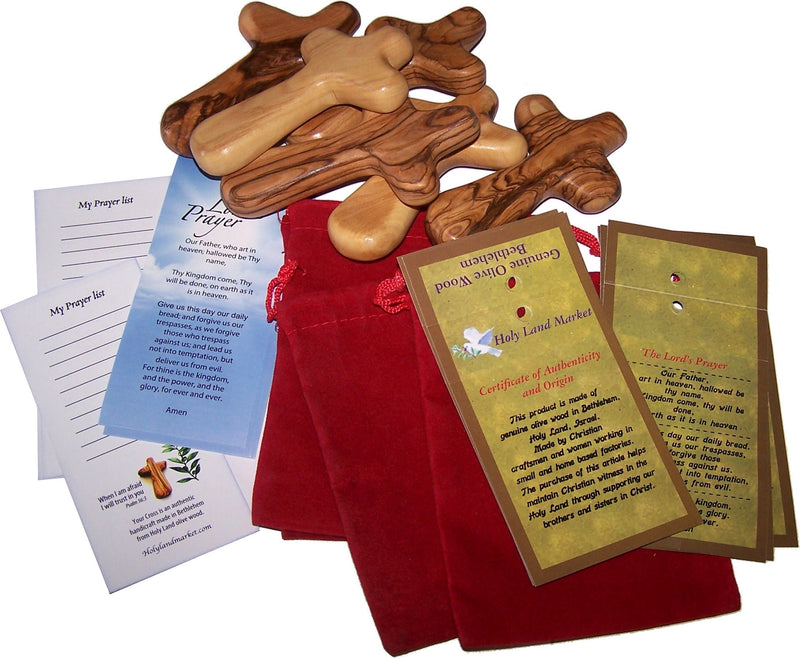Olive Wood Holding Hand Crosses with Gift Bags (With Red or Black Velvet Bag ) From Bethlehem by Holy Land Market (6, 4 Inches)