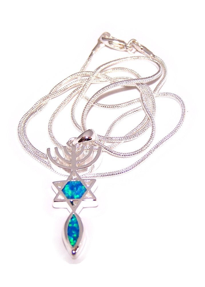 Messianic Seal symbol with created Opal Stones - Rhodium plated (3.5 cm - 1.4 inches - 20 Inch Chain)