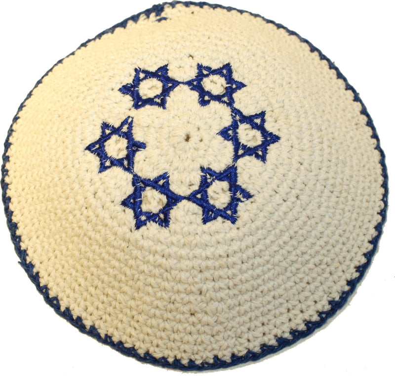 Holy Land Market White with 6 Blue Stars of David 17cm DMC 100% Knitted Cotton Kippah Jewish - 2019 Release M3