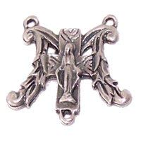 Virgin Mary with Cross Center - Shape of M for Mary - Pewter Rosary triangle (2.5x2cm - 1x0.8 inches)