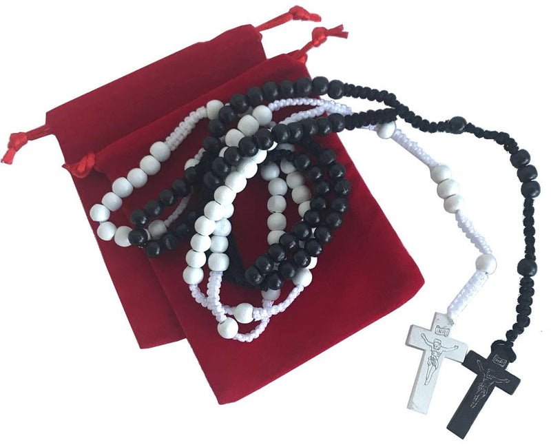 Pair of Black and White Wooden Rosaries with Two Velvet Bags - Colored Wooden Beads Rosary Necklaces with Jesus Imprint Cross