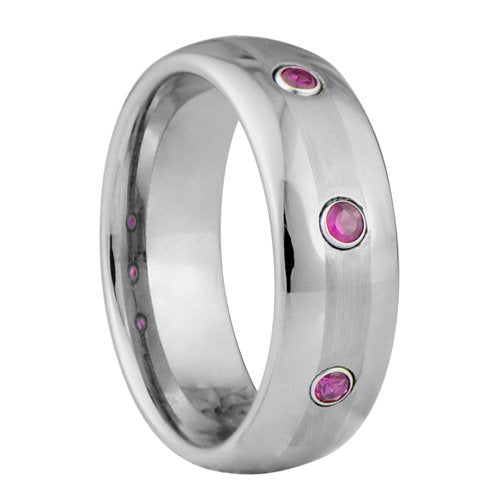 Domed Tungsten ring with CZ purple stones - 8mm wide