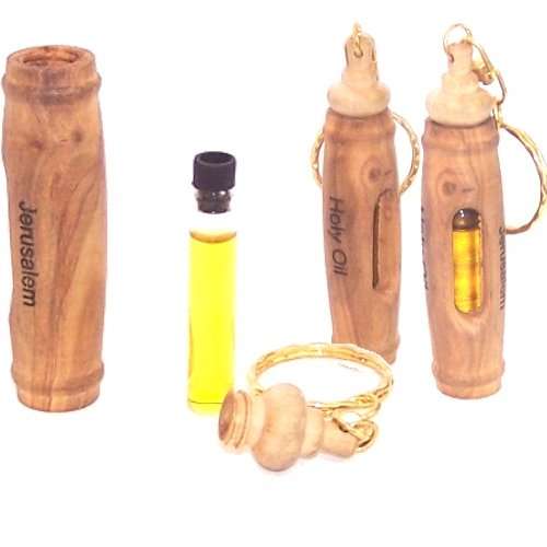 Holy Land Market Anointing oil bottle ampoule inside Olive wood Keys ring (8cm - 3.3 inches)