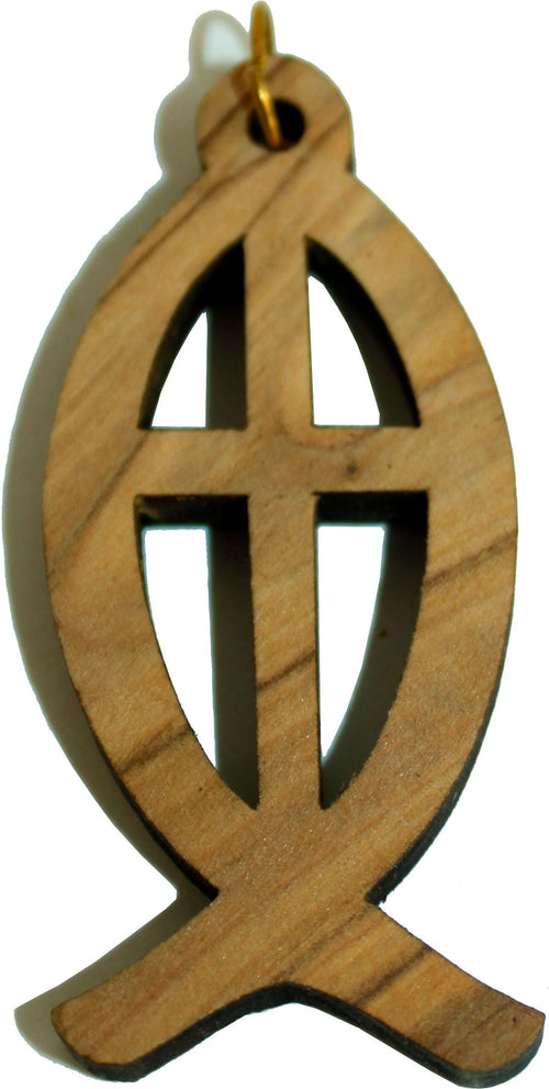 Péndulo de pez y cruz de madera de olivo con láser (6 cm o 2.36" de largo)