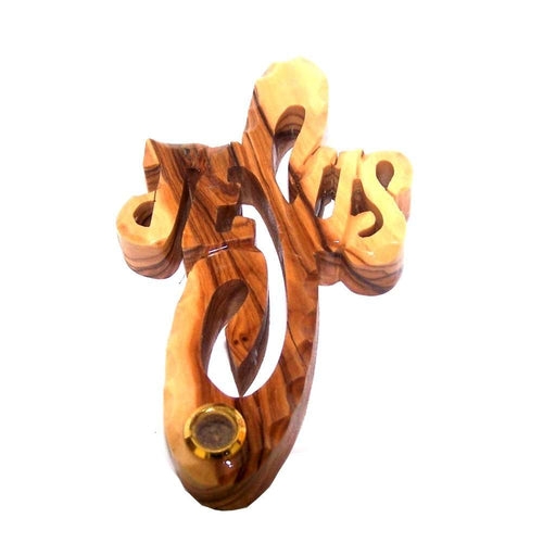 Cruz de Madera de Olivo gruesa y tallada a mano con Tierra de Belén - Colgante (11 cm) con Certificado