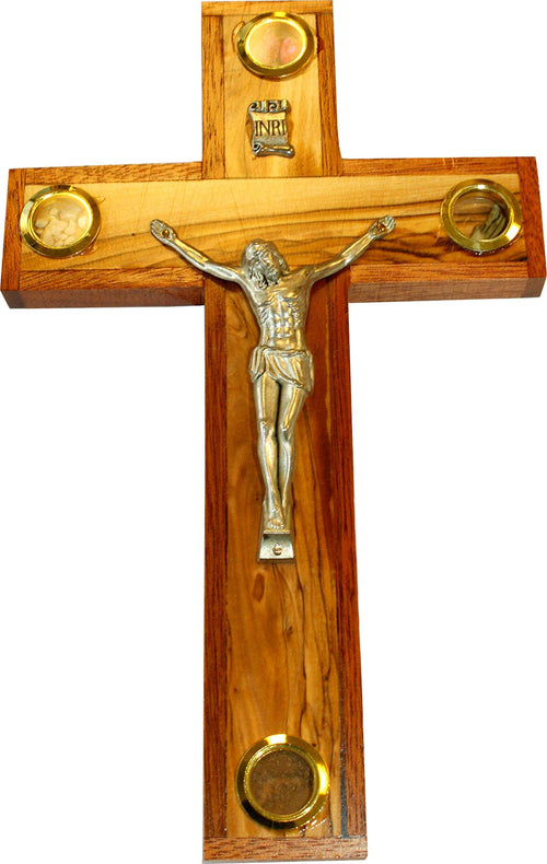 Mercado de Tierra Santa crucifijo católico de madera de olivo con madera de caoba ornamentado con muestras de Tierra Santa (25 cm - 10 pulgadas)
