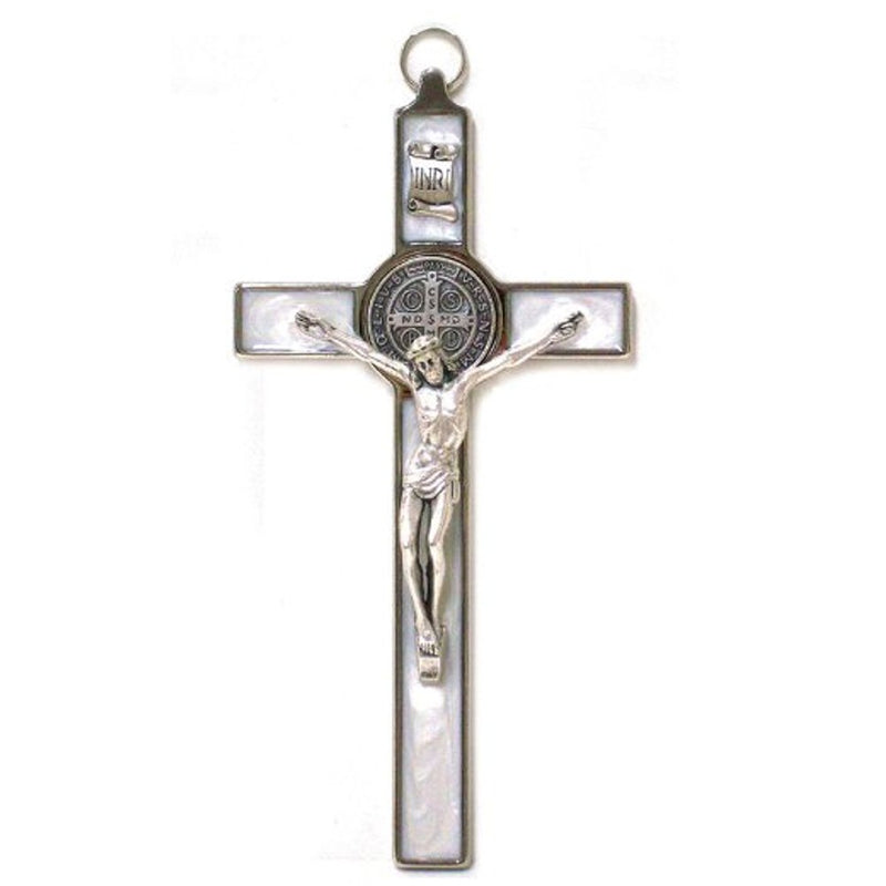 Holy Land Market Saint Benedict Crucifix - All Metal with Inlaid Enamel and Silver Corpus - 8'' in Height - Many Colors - Made in Italy