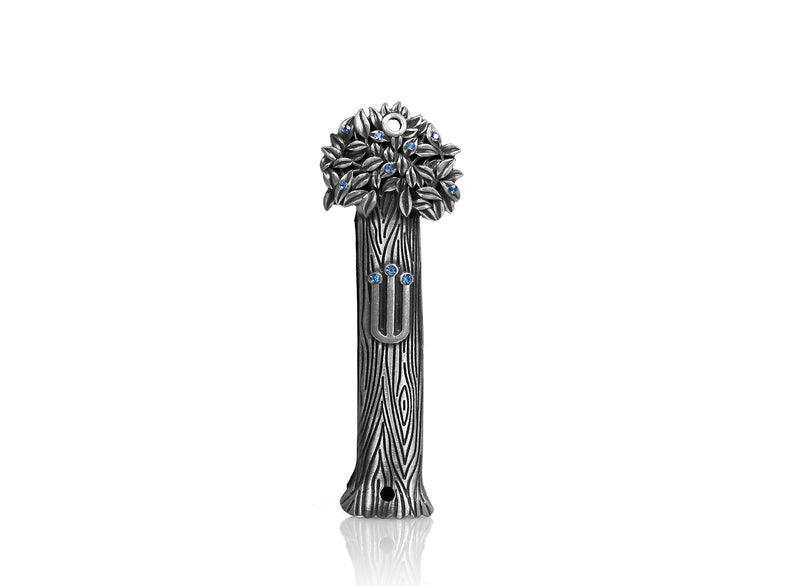 Holy Land Market Pewter Tree of Life with Blue stones Jeweled Mezuzah (3.5 Inches with scroll)