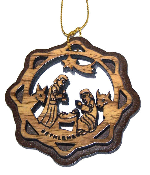 Adorno de escena de Natividad de la Sagrada Familia de dos capas de Caoba con Madera de Olivo tallado por láser - Madera de Olivo (6 cm o 2.4 pulgadas con certificado) y cuerda dorada