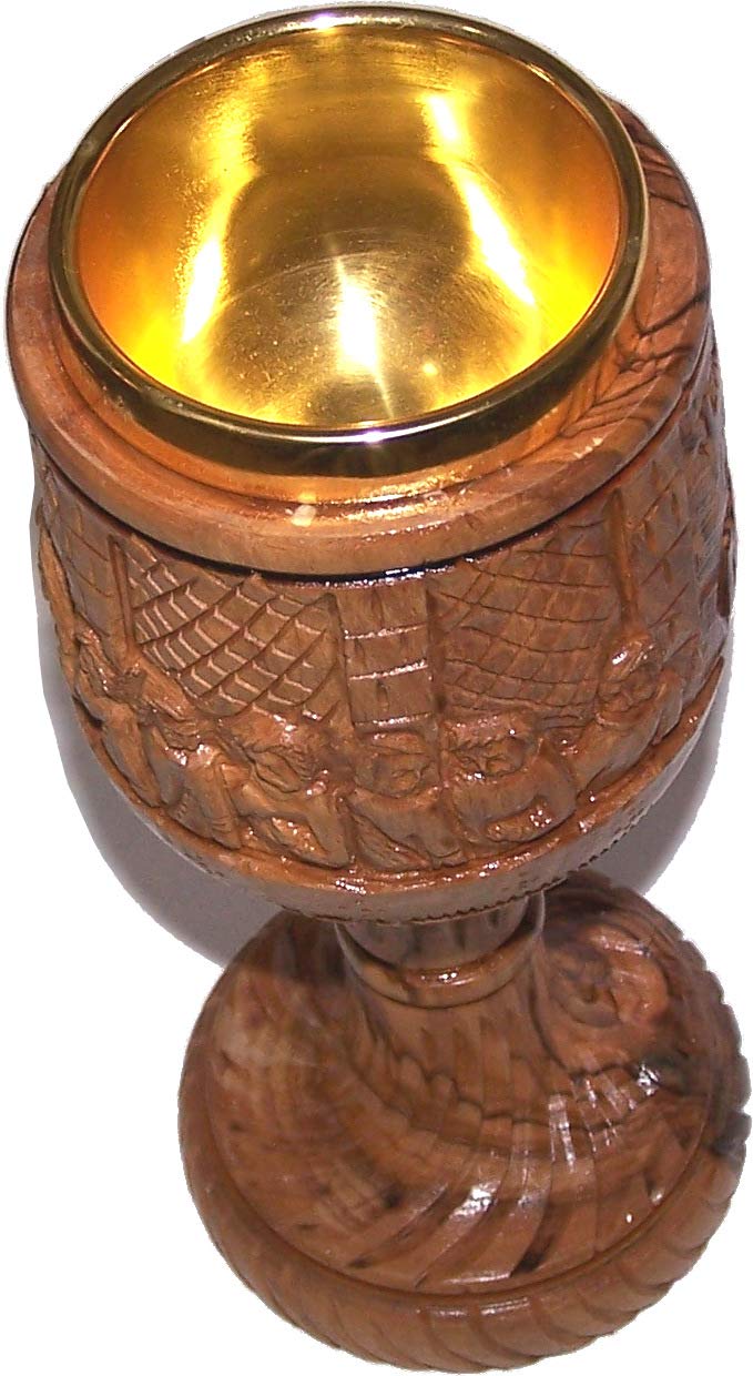 Holy Land Market Goblet - Last Supper Carved Chalice - Dark Olive Wood (8.8 Inches Large) - Cup Insert (4 Ounces Capacity)
