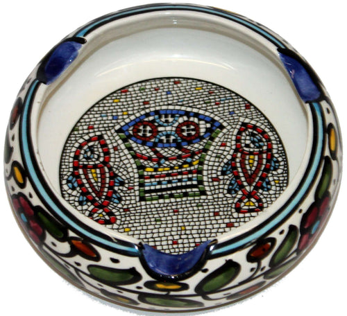 Ceramic Round Ashtray with Fish and Loaves - Tabgha or Miracle of Multiplication (Fish and Bread) Design (6 Inches in Diameter) - Large - Asfour Outlet Trademark