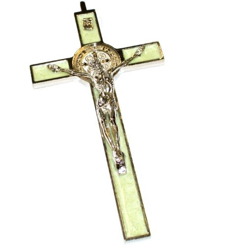 Holy Land Market Saint Benedict Crucifix - All Metal with Inlaid Enamel and Silver Corpus - 8'' in Height - Many Colors - Made in Italy