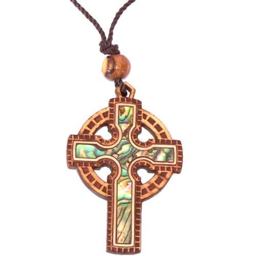 Crucifijo celta de madera de olivo con madreperla (60cm / 23.5 pulgadas, la cruz mide 5cm o 2 pulgadas)