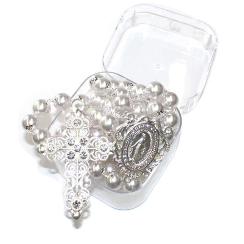 Bridal Silver Pearl Rosary - 14mm Pearl beads Rosary with Silver chain, Cross & Center. Glass beads are used in this Jewelry