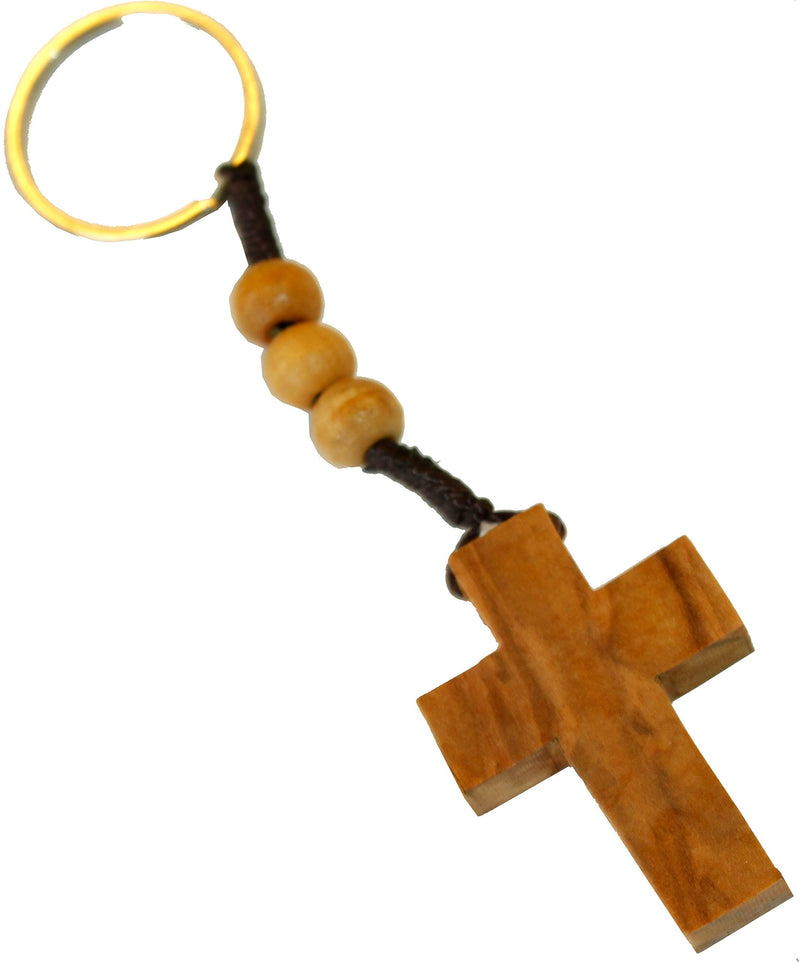 Holy Land Market Olive Wood Beads and Cross Key Chain - Cross is About 1.5 inches Long
