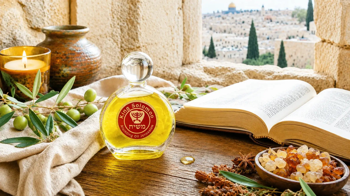 Bottle of myrrh anointing oil beside an open Bible and candlelight in a peaceful stone prayer room symbolizing healing and faith.