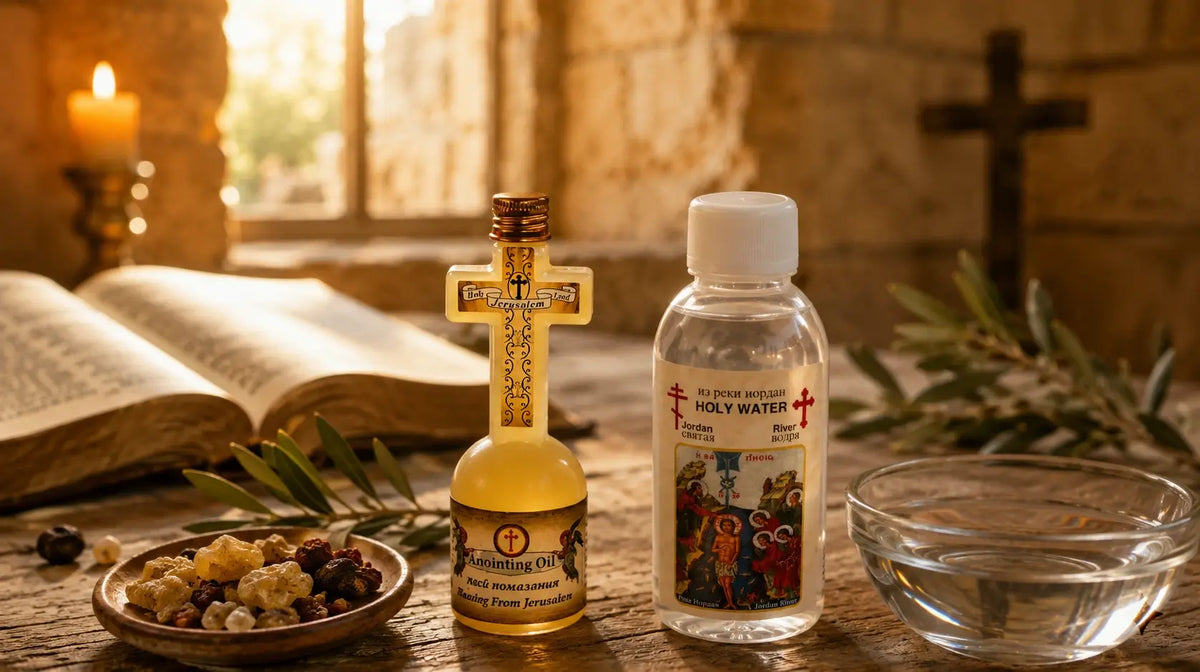 Anointing oil bottle and holy water bottle displayed beside an open Bible and candle in a warm Jerusalem-style prayer setting.
