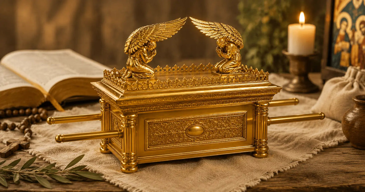 Ark of the Covenant replica with golden cherubim and Mercy Seat, handcrafted by Bethlehem artisan families