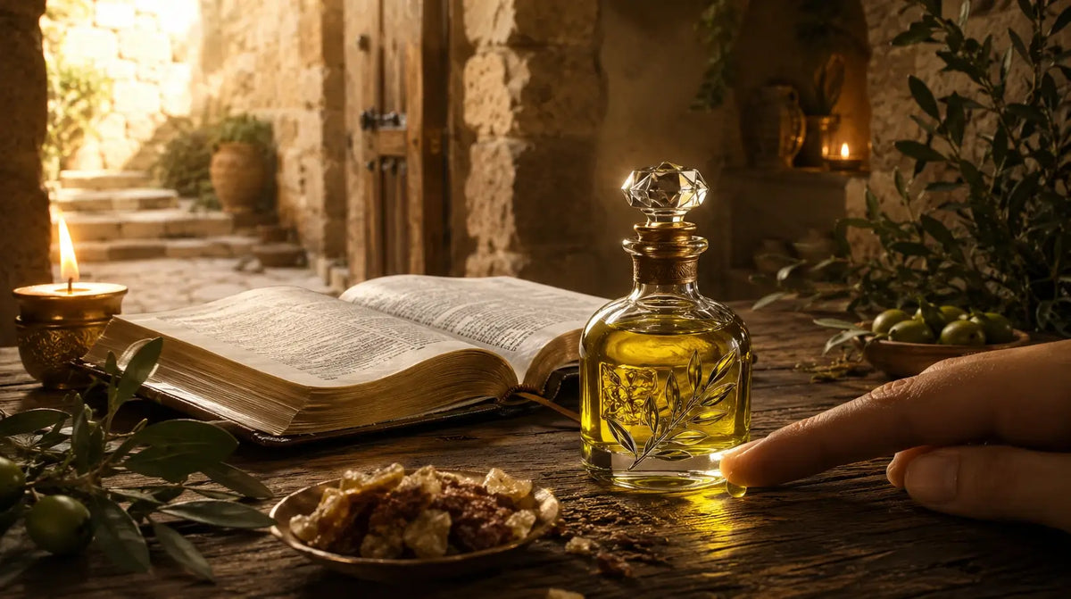 Holy anointing oil bottle beside an open Bible and candle with symbolic home doorway in a peaceful biblical prayer atmosphere.