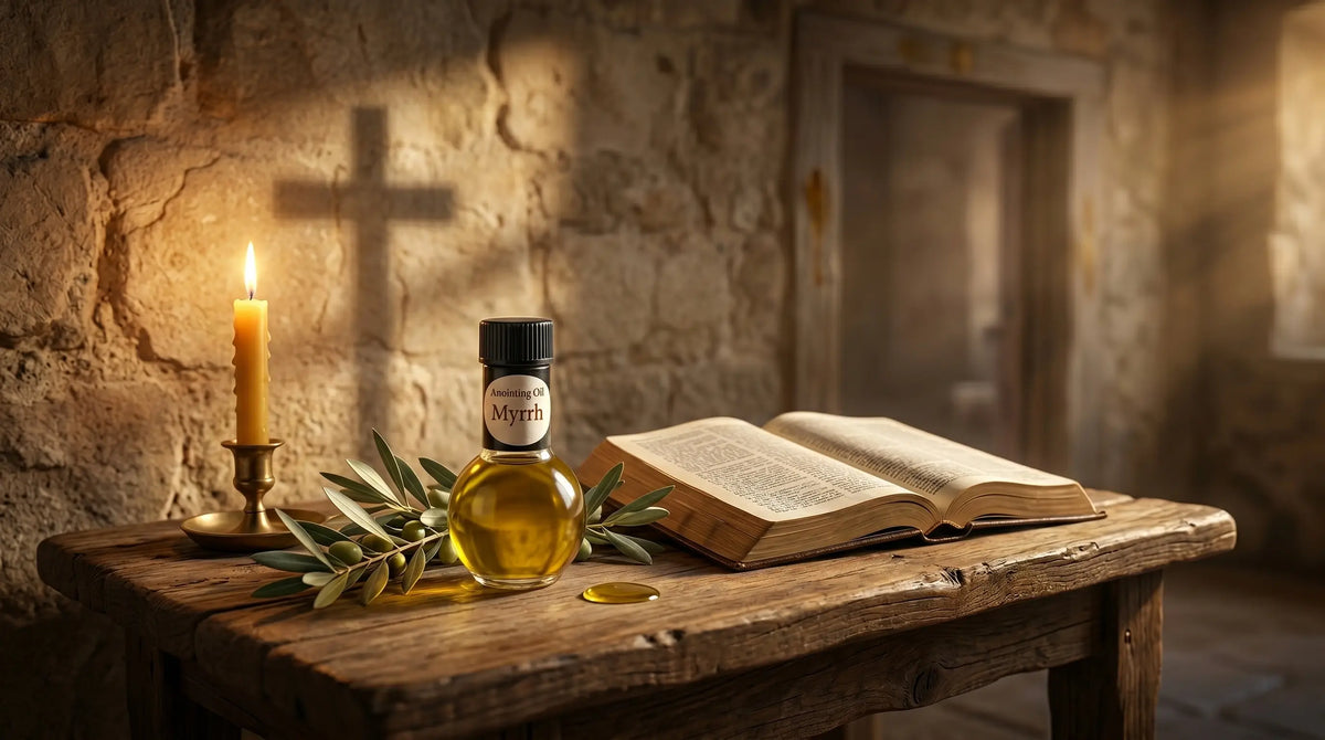Elegant anointing oil bottle with open Bible, candlelight, olive branches, and prayer setting symbolizing healing and spiritual protection.