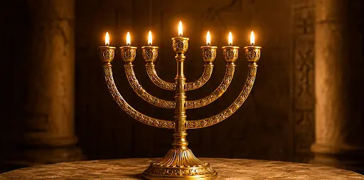  Seven-branch Jewish Menorah lit with golden light, representing the Temple Menorah from Exodus 25