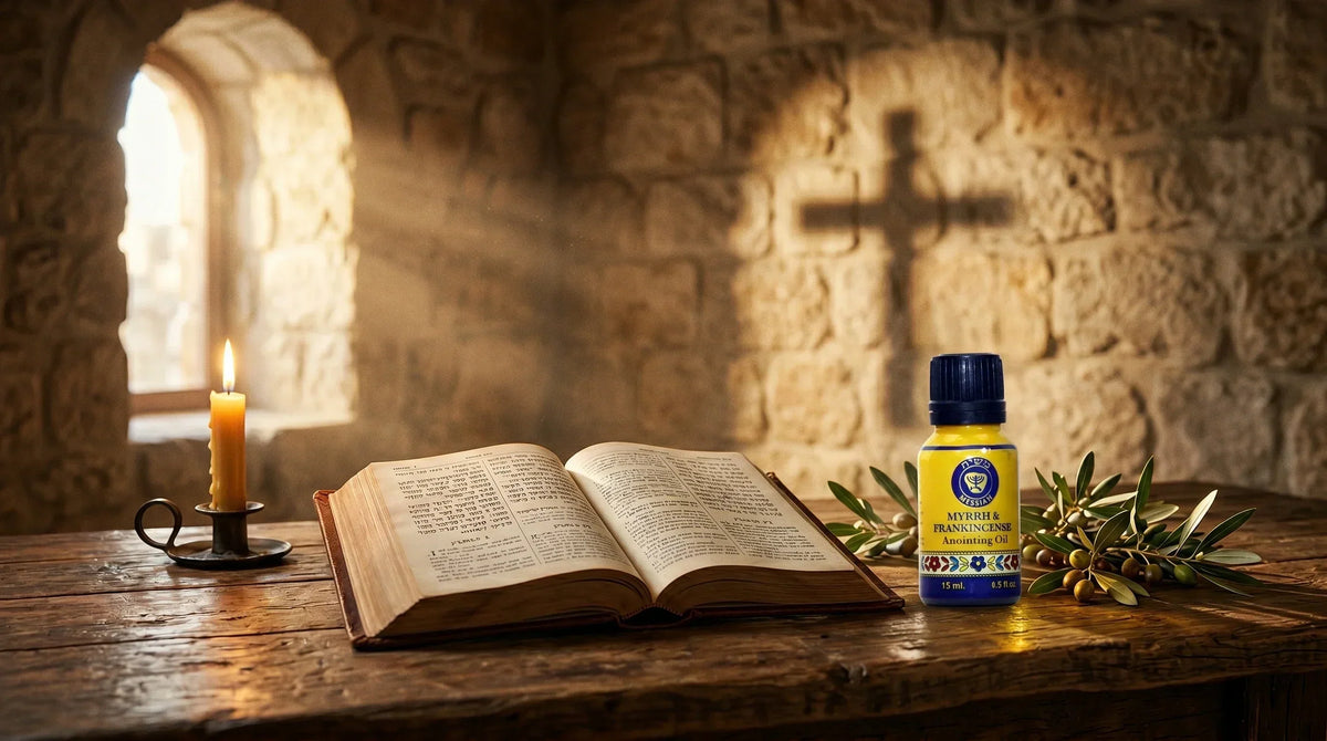 Glass bottle of holy anointing oil beside an open Bible, olive branches, candlelight, and biblical spices overlooking Jerusalem in a warm spiritual setting.