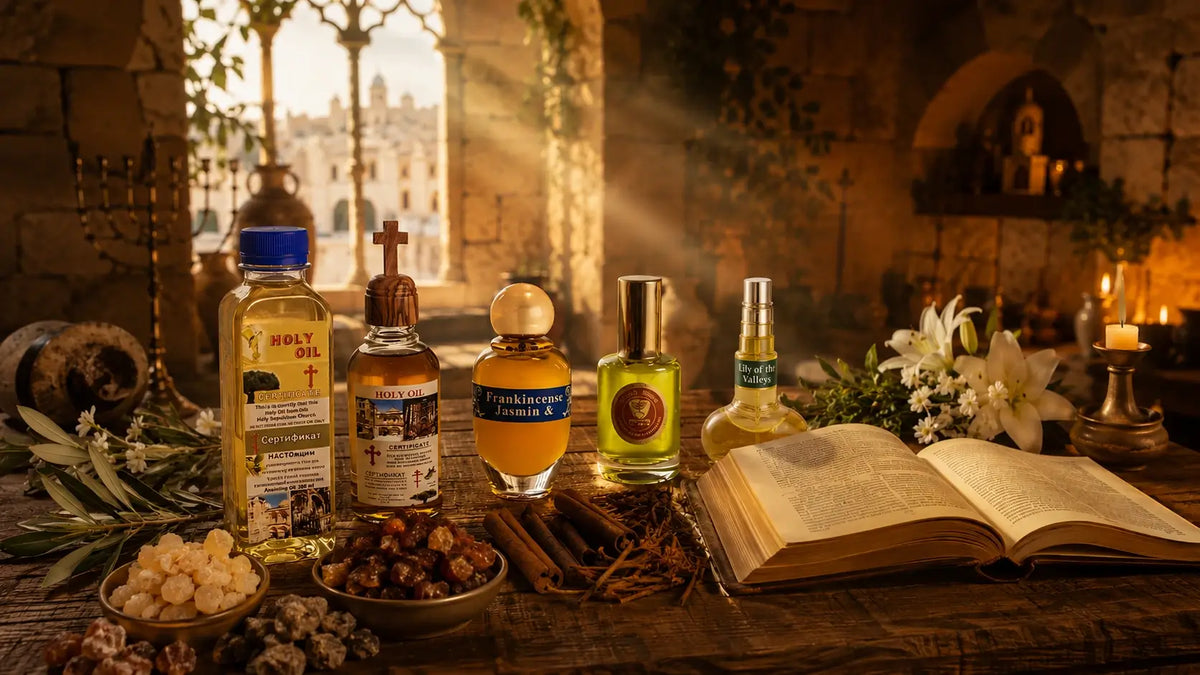 Multiple biblical anointing oil bottles with frankincense, myrrh, cinnamon, and open Bible in a cinematic Jerusalem-inspired setting.