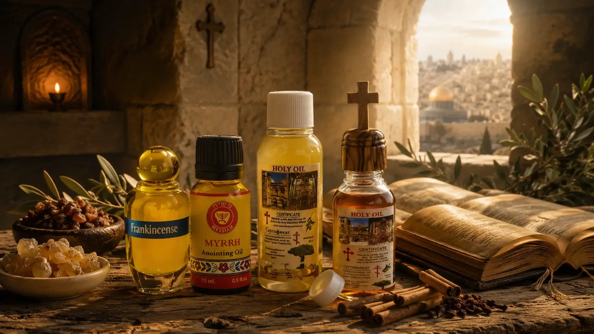 Collection of holy anointing oil bottles beside an open Bible, olive branches, and biblical spices inside a warm stone prayer room.