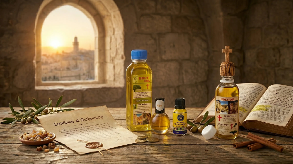 Authentic Holy Land anointing oil bottles with certificate, Bible, biblical spices, and Jerusalem backdrop in a cinematic product display.