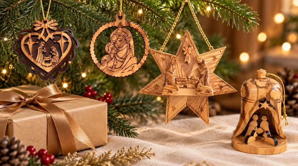 Olive wood Christian Christmas ornaments featuring the Holy Family heart, Mother Mary with Baby Jesus, Star of Bethlehem and Nativity bell.