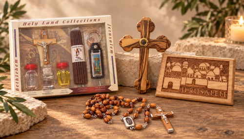 Christian gifts featuring an olive wood cross, rosary, Jerusalem plaque, and Holy Land gift set.