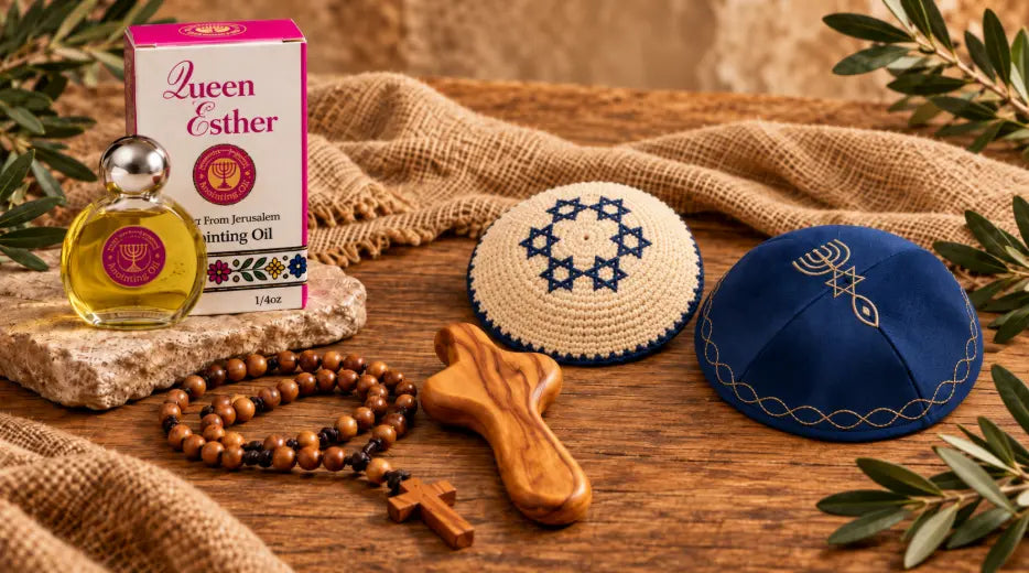 Christian gifts featuring anointing oil, olive wood rosary, comfort cross, and embroidered kippahs.