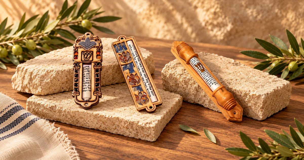 Three decorative mezuzah cases with Hebrew prayer scrolls displayed on natural stone.